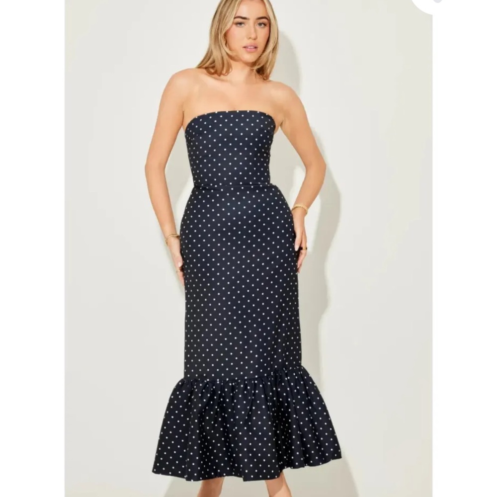Odd Muse Strapless Navy Polka Dot Midi Dress with Ruffle Hem